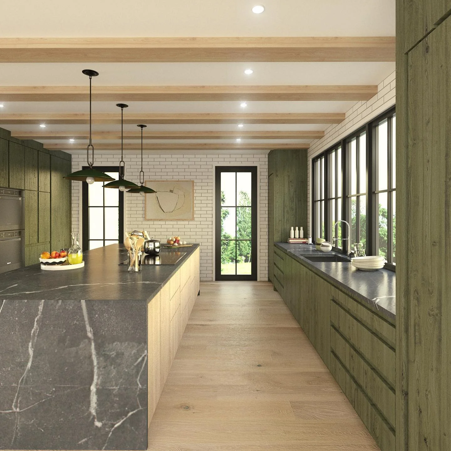 Green Shaker Cabinets Frame a Long Counter