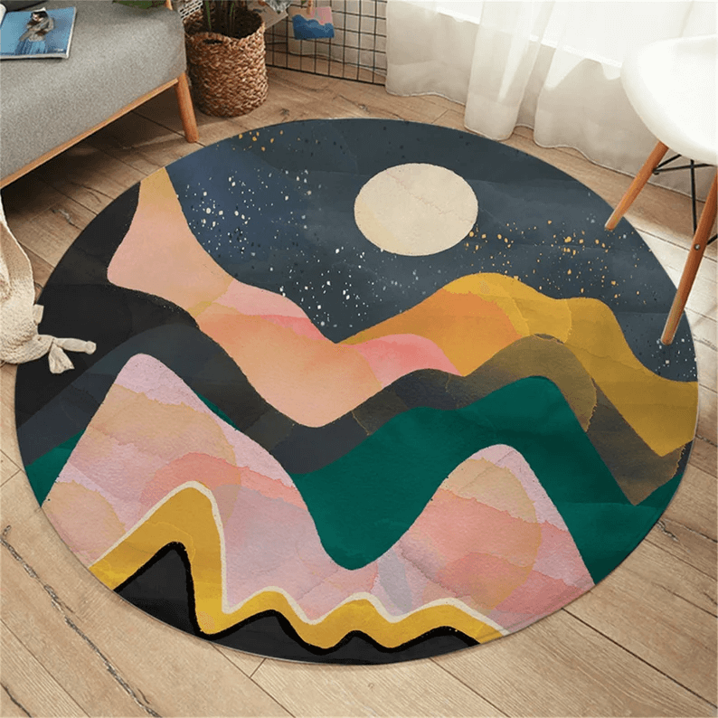 Round Rug With Abstract Moonlit Mountain Scene