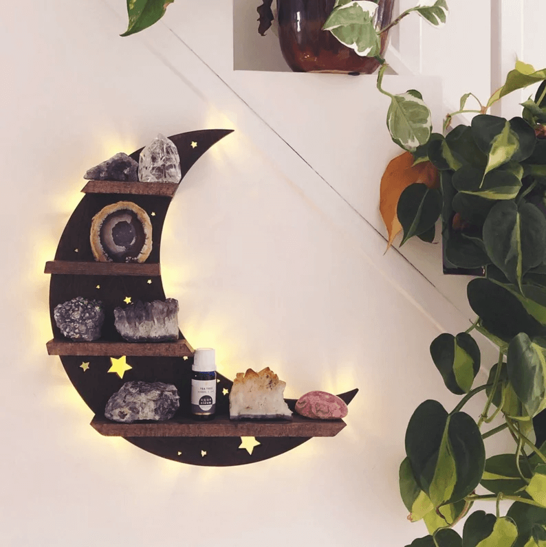 Wooden Moon Shelf With Star Cutouts and Fairy Lights