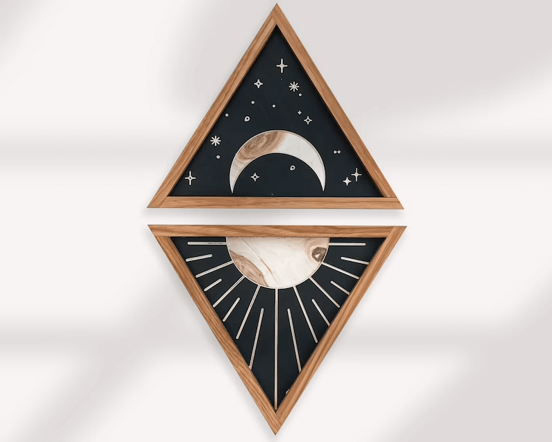 Pair Moon and Sun Motifs with Triangular Wall Art