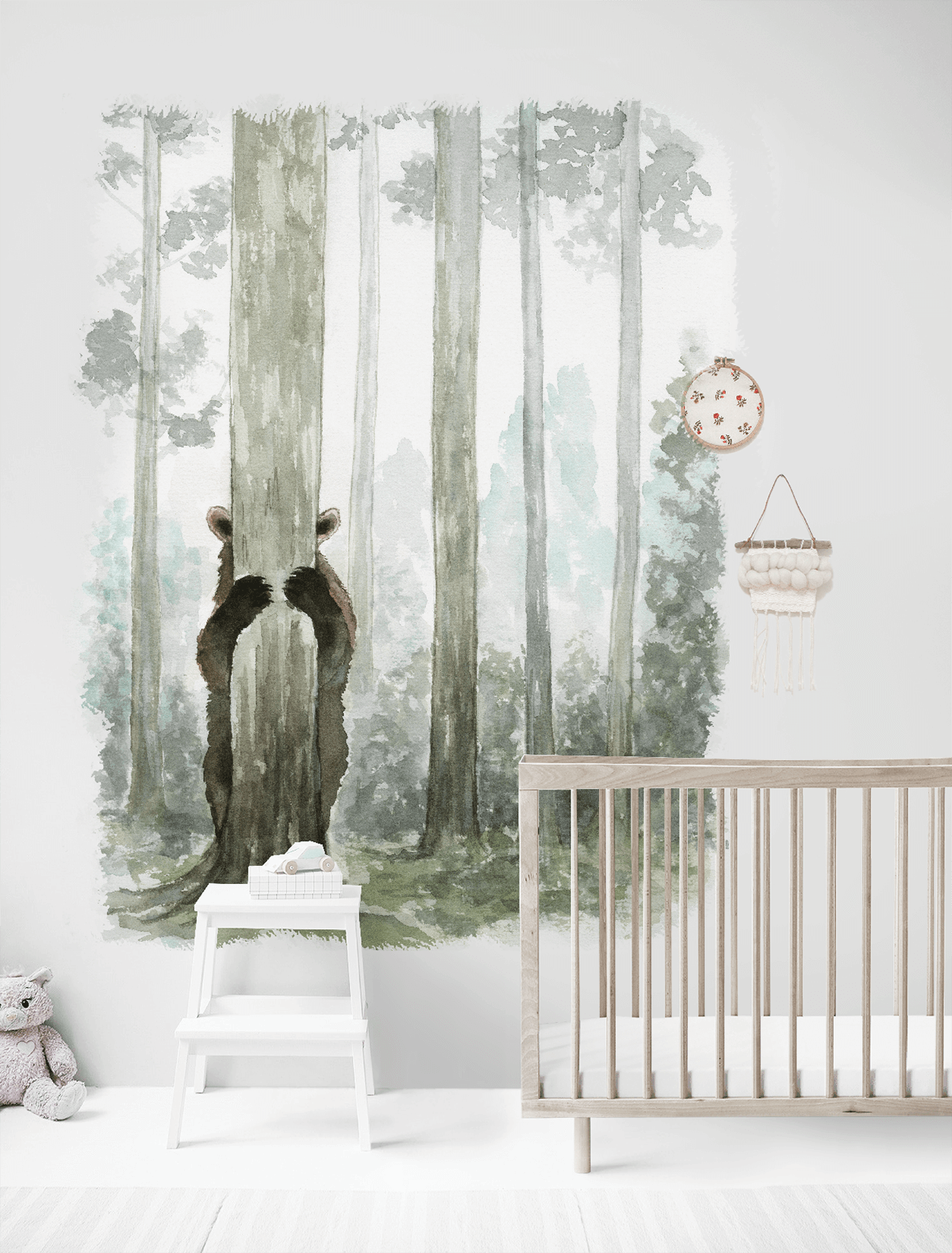 Watercolor Forest Mural Creates an Immersive Woodland Scene