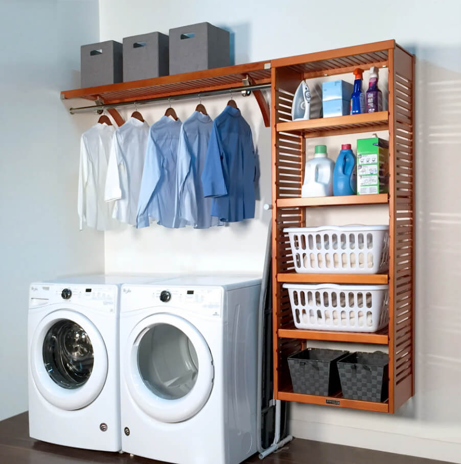 Utilize a Slatted Wood Wall Unit for Laundry Supplies