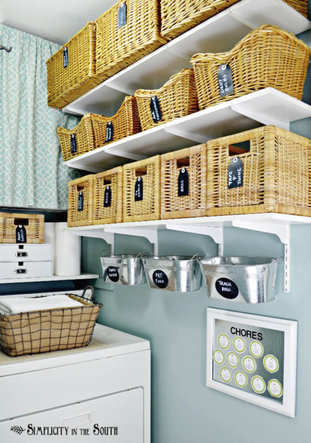 Galvanized Buckets Hung From Wall Hooks for Small Items