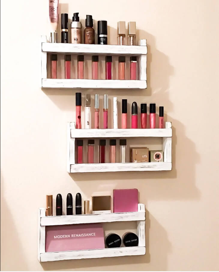 Tiered White Wooden Shelves for Lip Gloss and Lipstick Rows