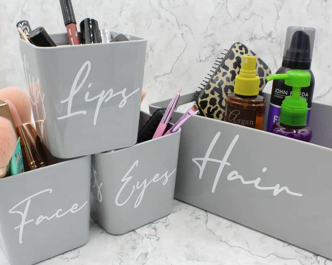 Grey Organizers Labeled for Face, Lips, Eyes, and Hair