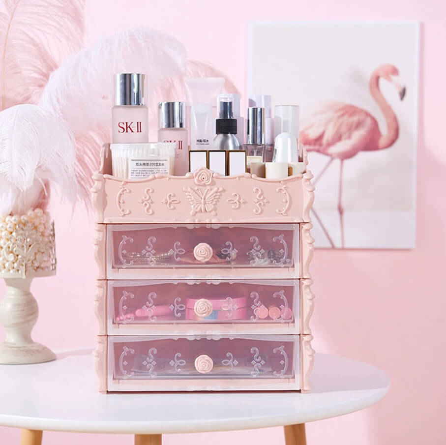 Pink Tiered Organizer With Decorative Drawer Fronts