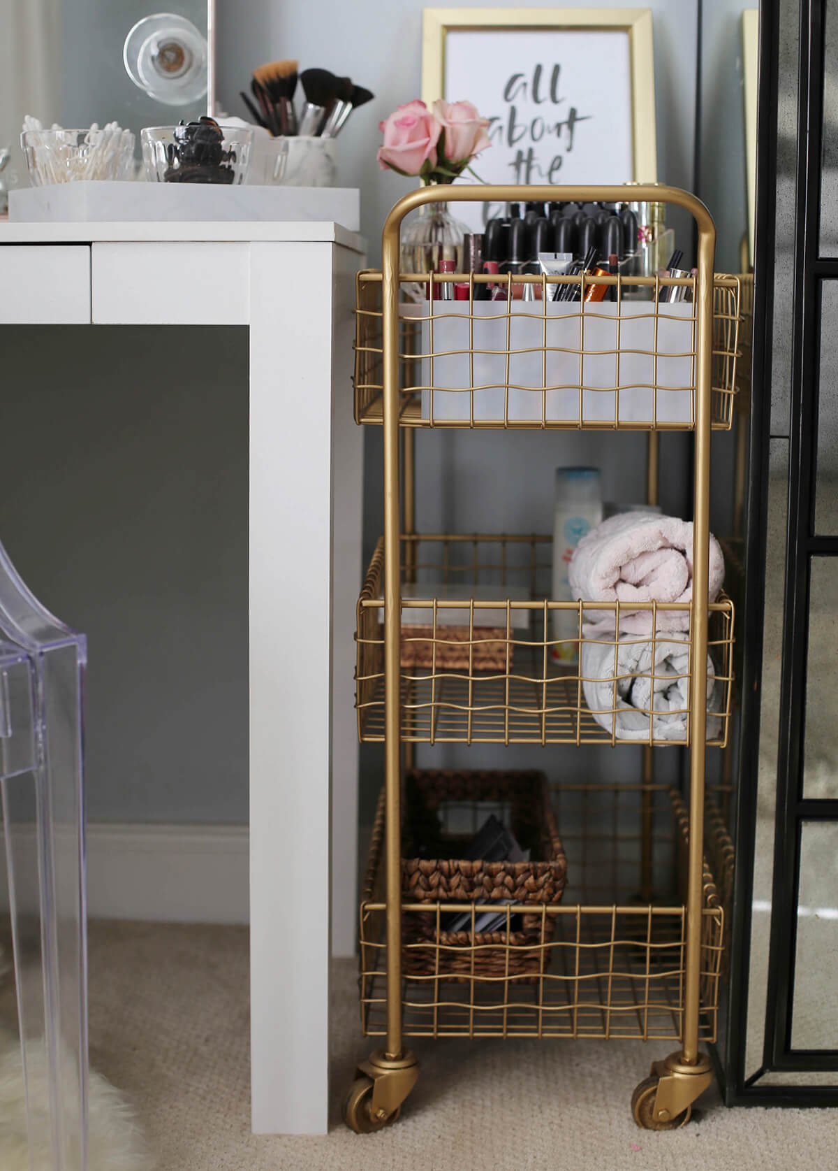 Rolling Gold Cart for Makeup and Towels