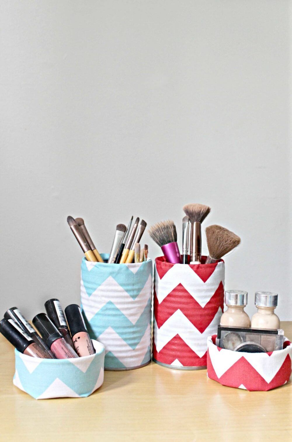 Upcycled Cans Wrapped in Chevron Fabric for Brush Holders