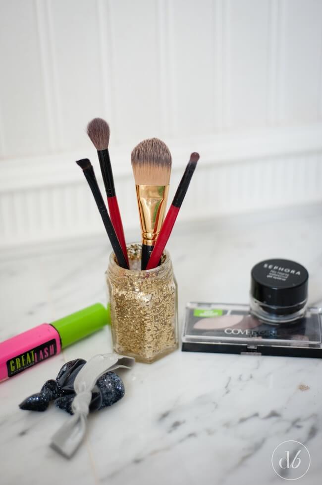 Glittered Jar Holds Makeup Brushes Off The Counter