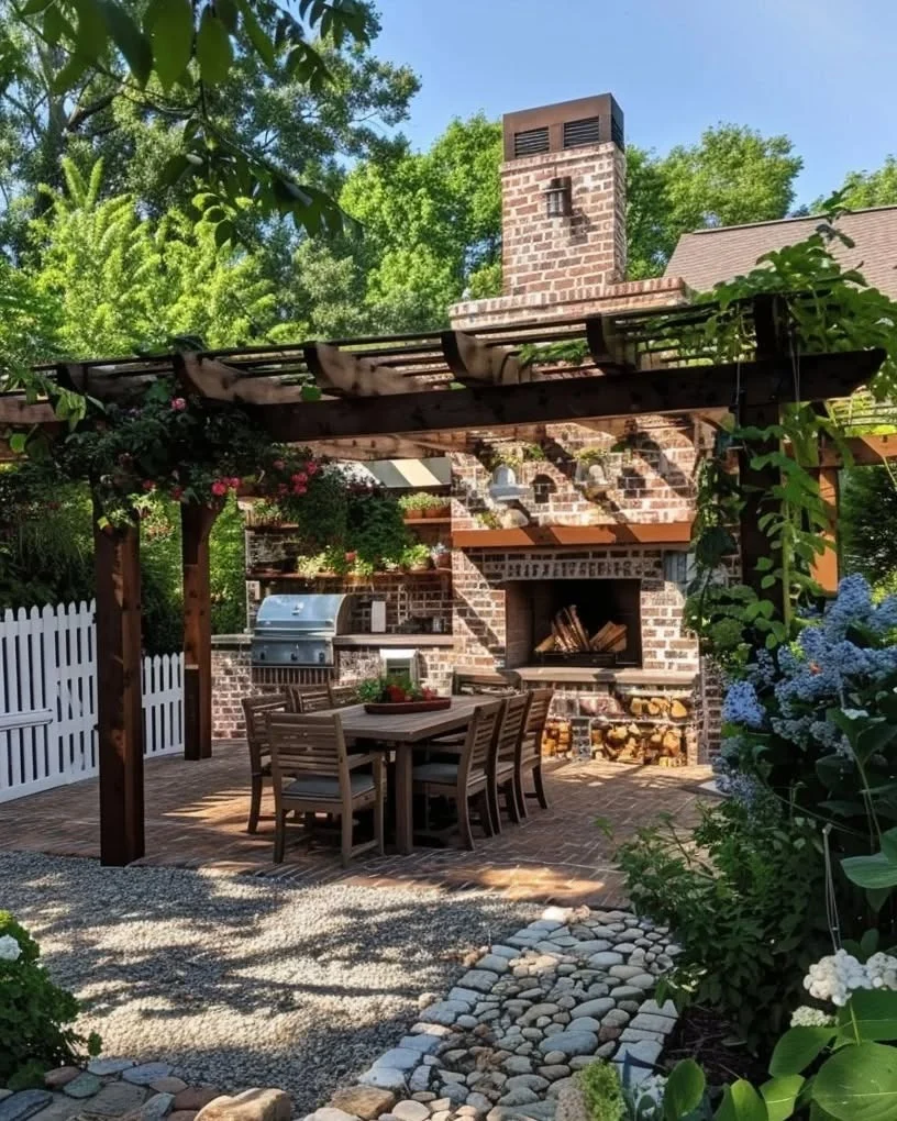 Brick Fireplace and Grill Anchor Your Outdoor Kitchen