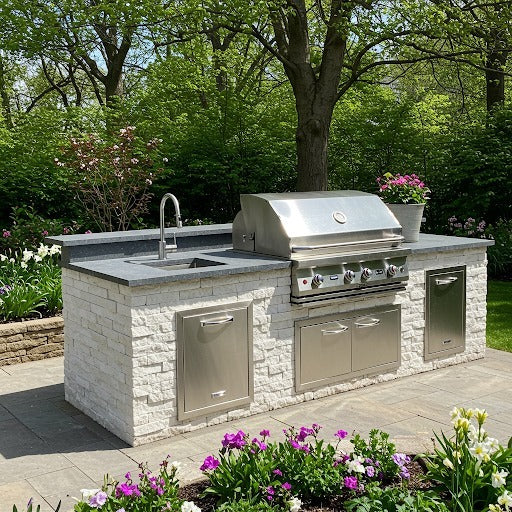 White Stacked Stone Base Brightens Dark Countertops