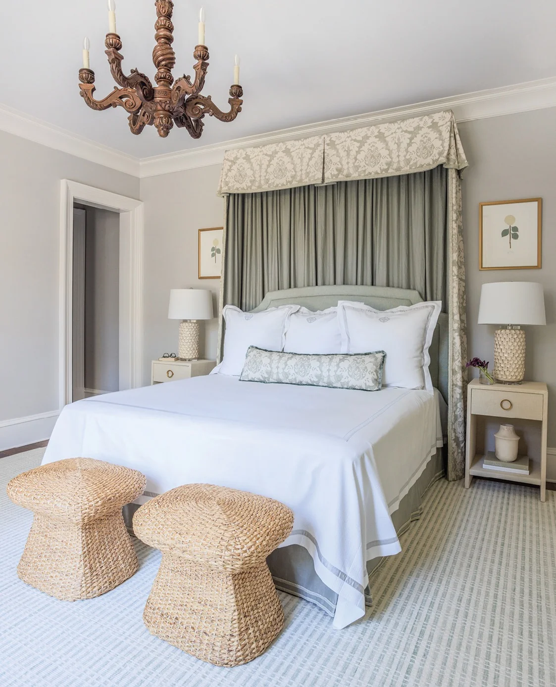 Mushroom-Shaped Woven Stools Add Organic Texture at Bedside