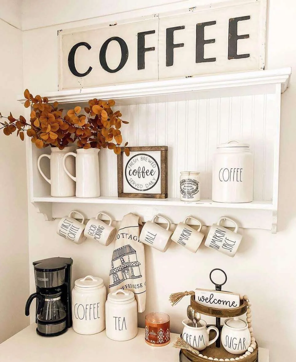 Farmhouse Shelf Display with Seasonal Mugs and Fall Foliage
