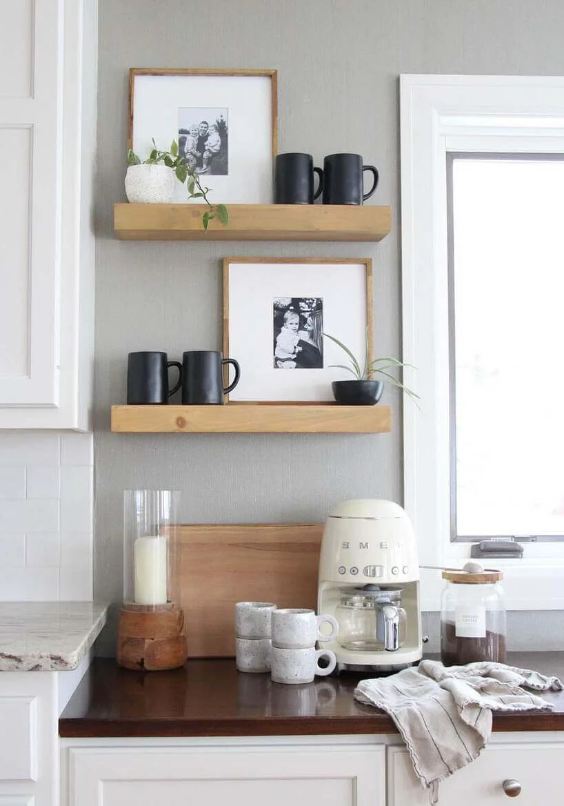 Frame Family Photos Above Coffee Mugs on Floating Shelves
