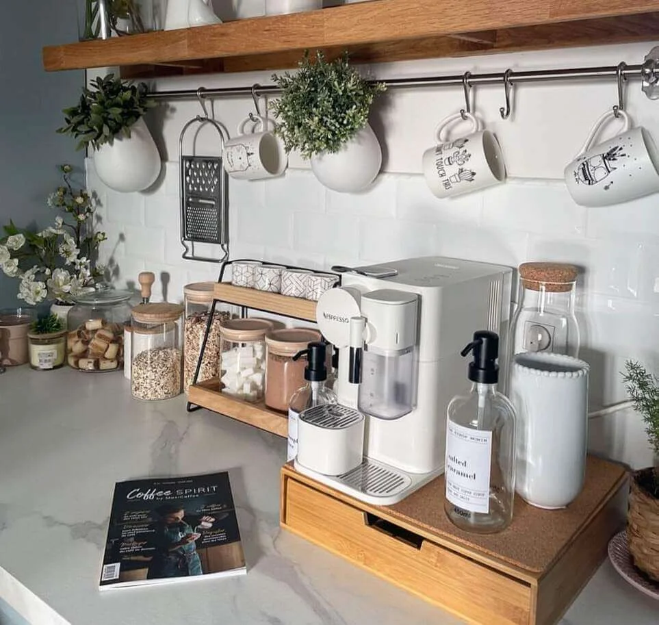 Hanging Wall Planters Add Greenery Above Coffee Mugs