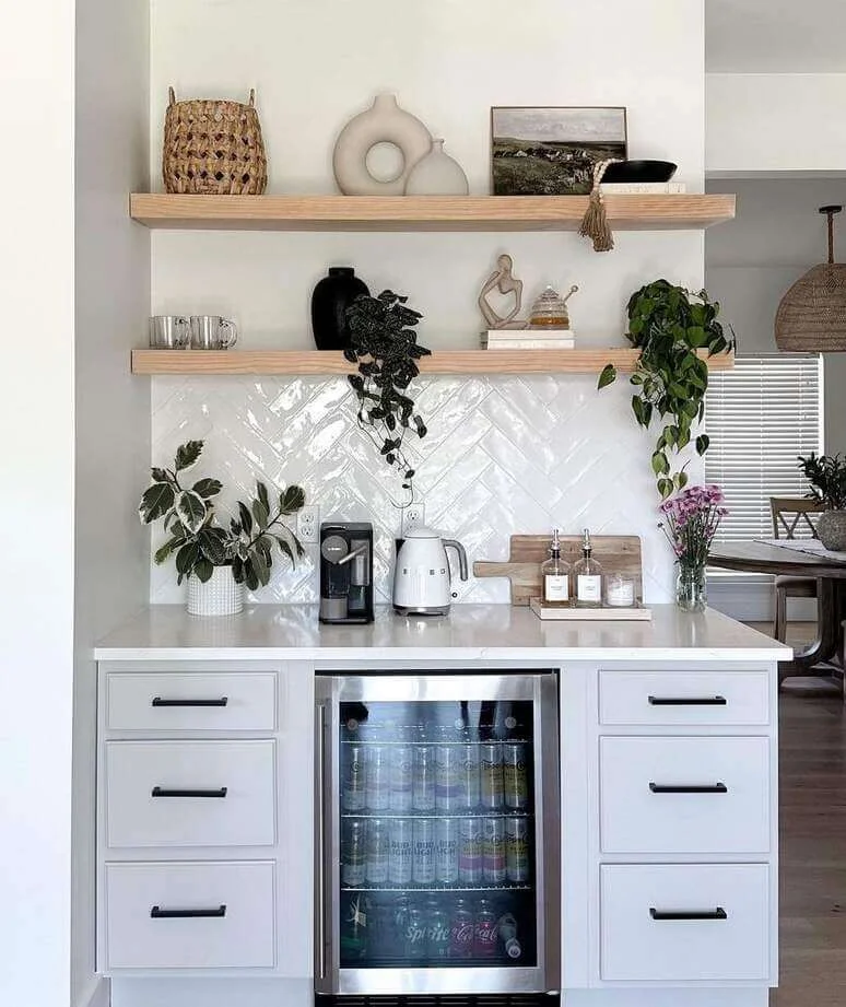 White Herringbone Tile Backsplash Adds Subtle Pattern
