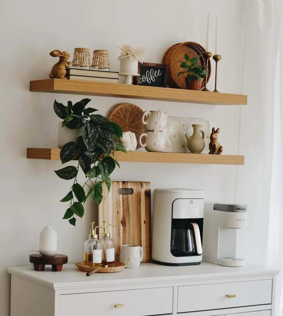Frame Your Coffee Bar with Light Wood Floating Shelves