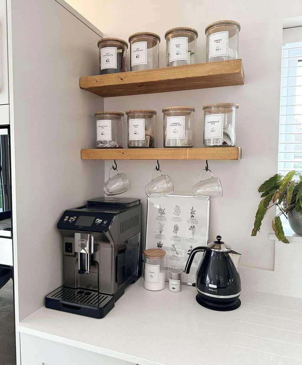 Wooden Shelves With Hooks For Hanging Coffee Mugs
