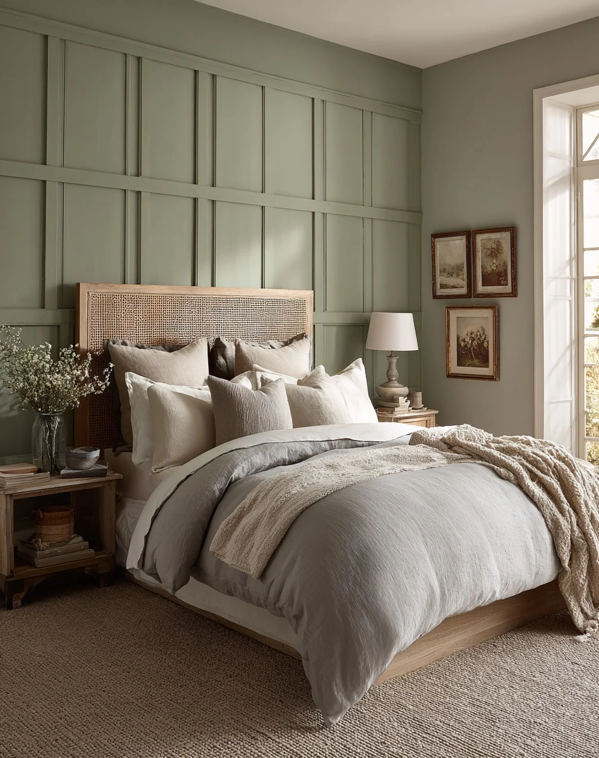 Rattan Headboard Adds Organic Texture Above Green Walls
