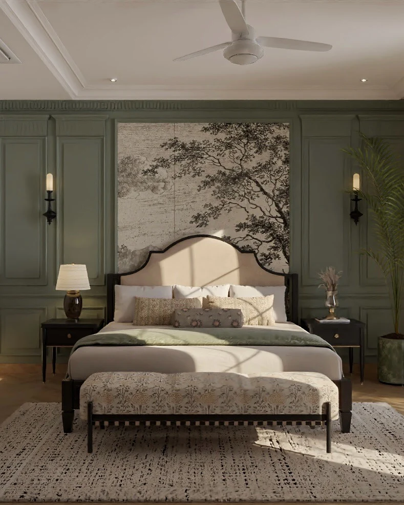 Botanical Mural Adds a Dramatic Focal Point Above the Bed