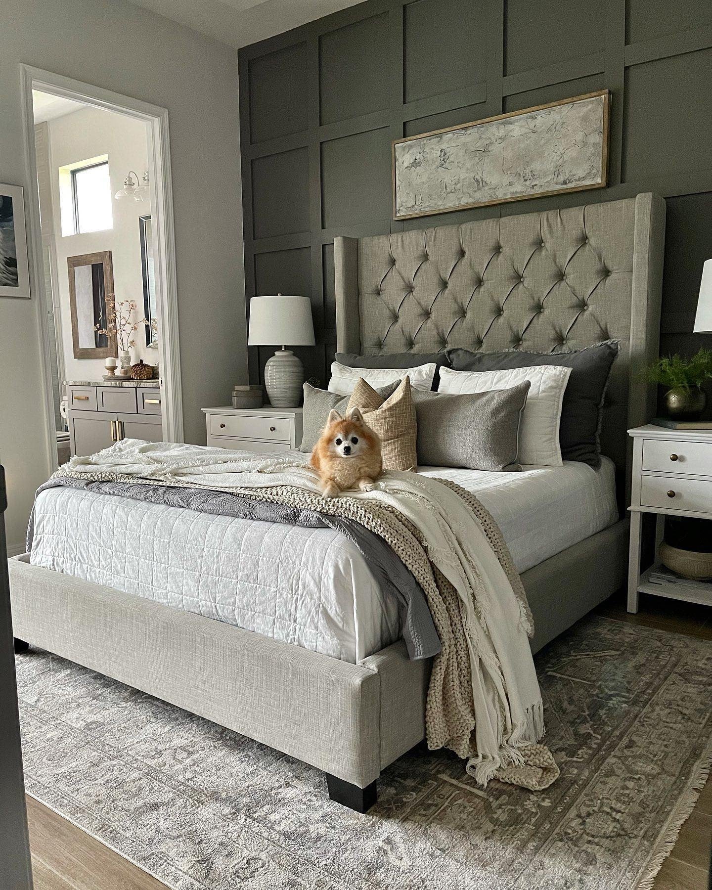 Tufted Wingback Headboard Adds Cozy Texture to Dark Walls