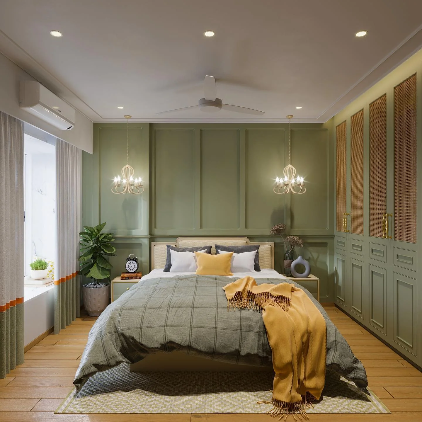 Paneled Green Walls Frame a Rattan-Inlay Wardrobe