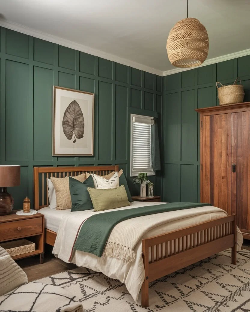 Framed Leaf Art Anchors Deep Green Paneled Walls