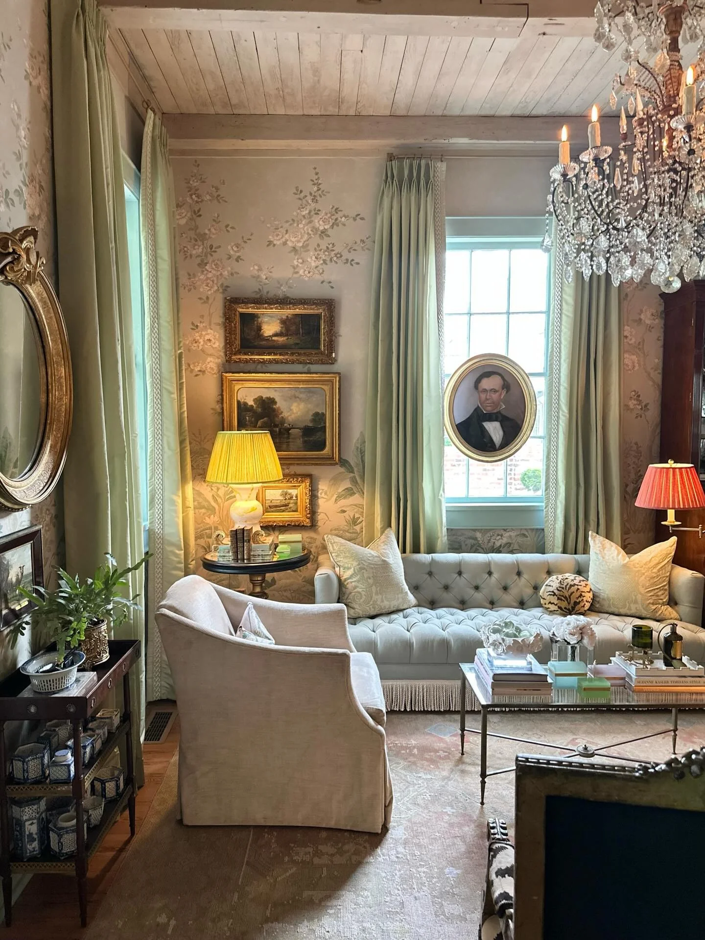Oval Portrait Adds a Vintage Focal Point Above the Sofa