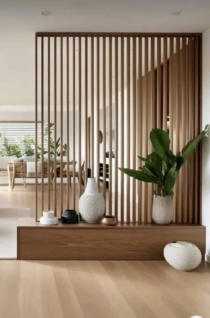 Slatted Wood Divider With Built-In Display Shelf