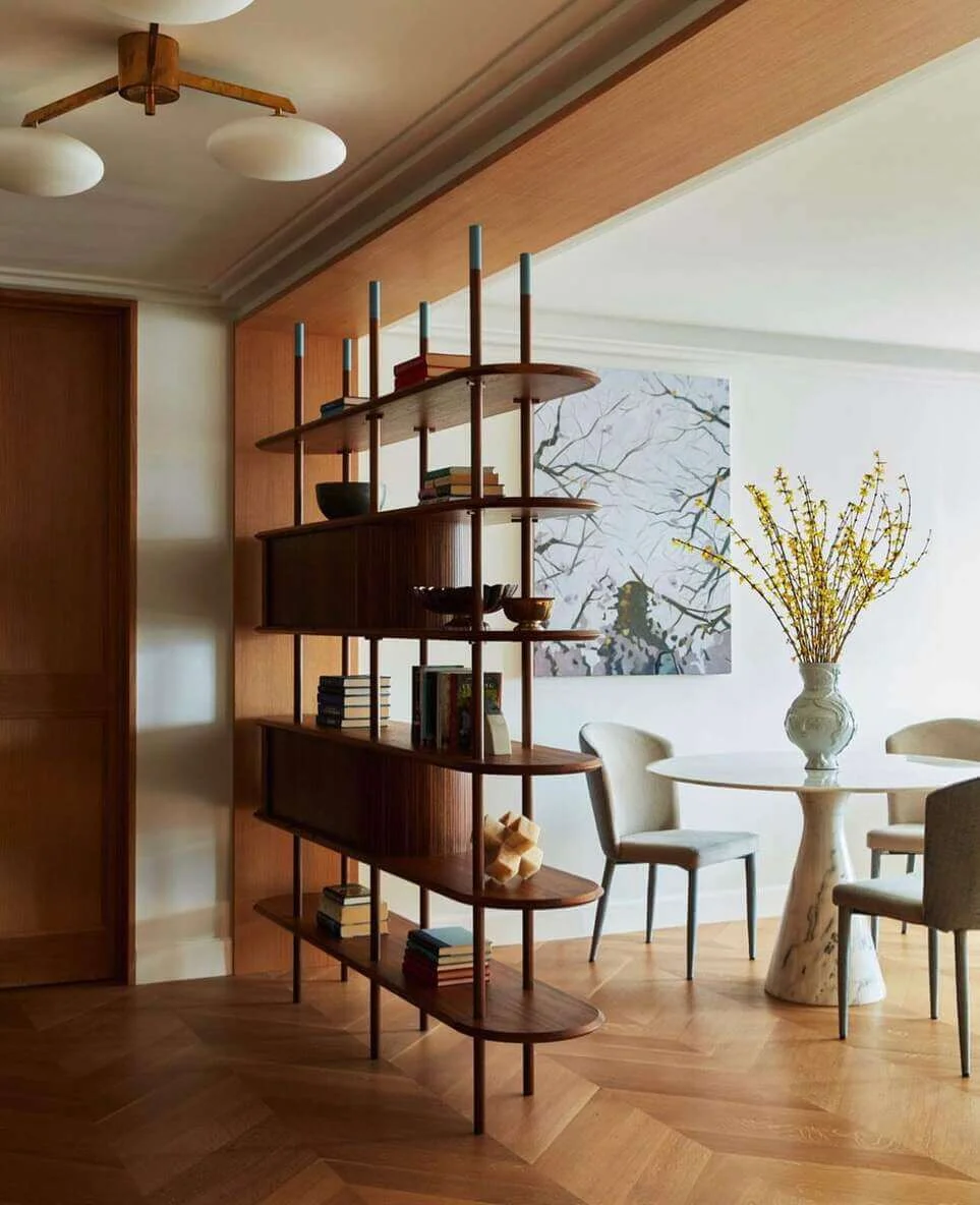 Curved Walnut Shelving with Open Display Tiers
