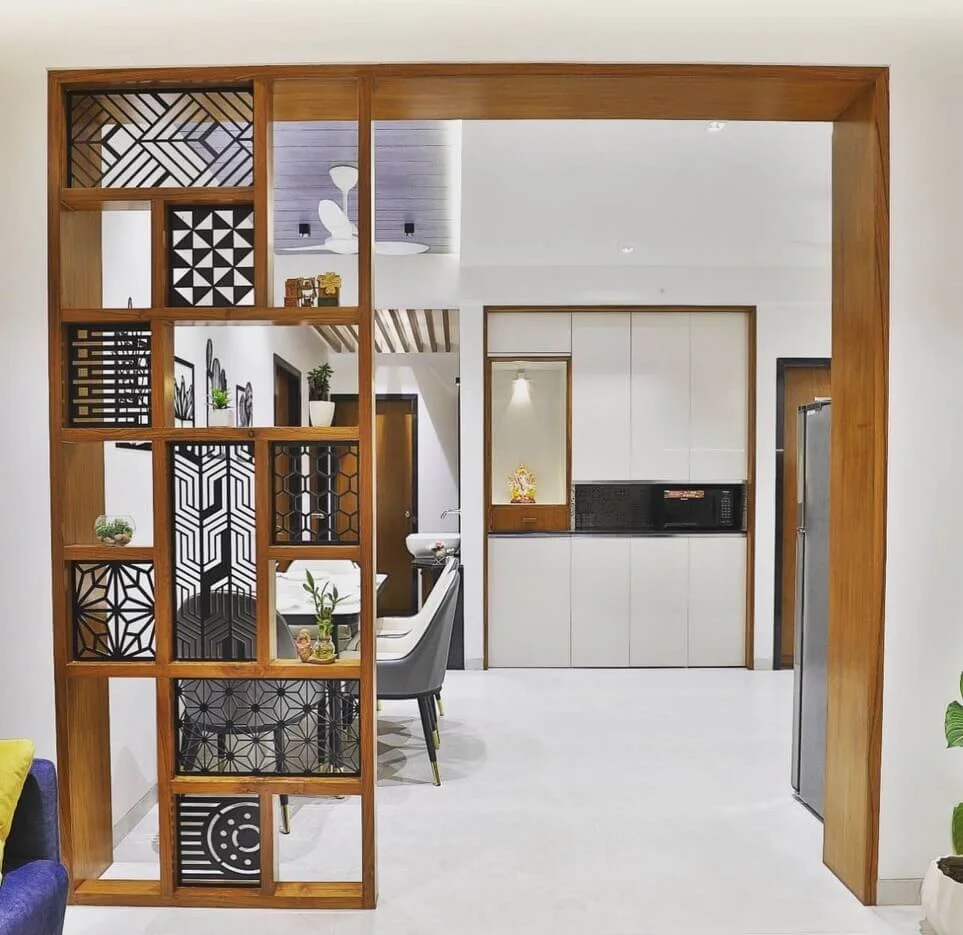 Open Wood Shelving with Geometric Inlay