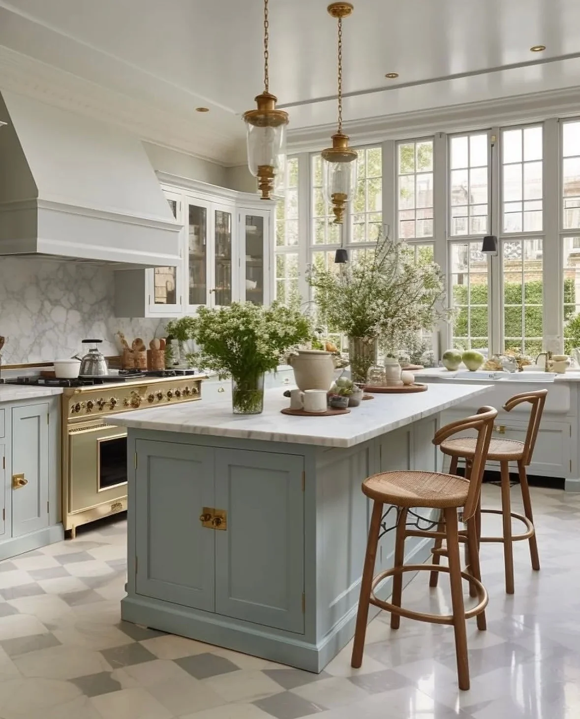 Paneled Sage Green Island With Brass Hardware