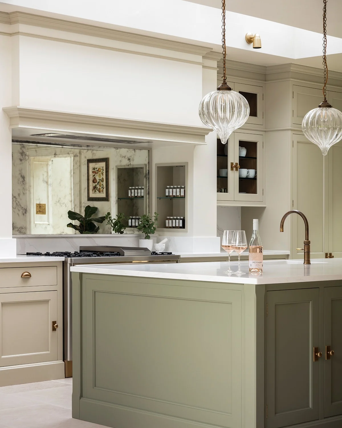 Paneled Kitchen Island in Soft Sage Green