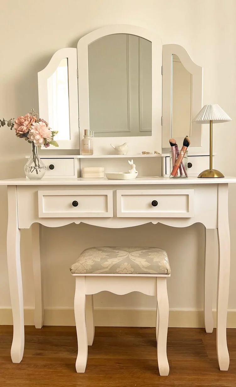 Tri-Fold Mirror Vanity With Built-In Drawers