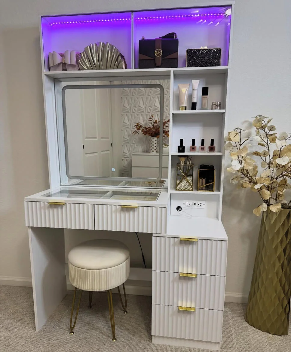 White Vanity With Integrated LED Lighting and Built-In Charging