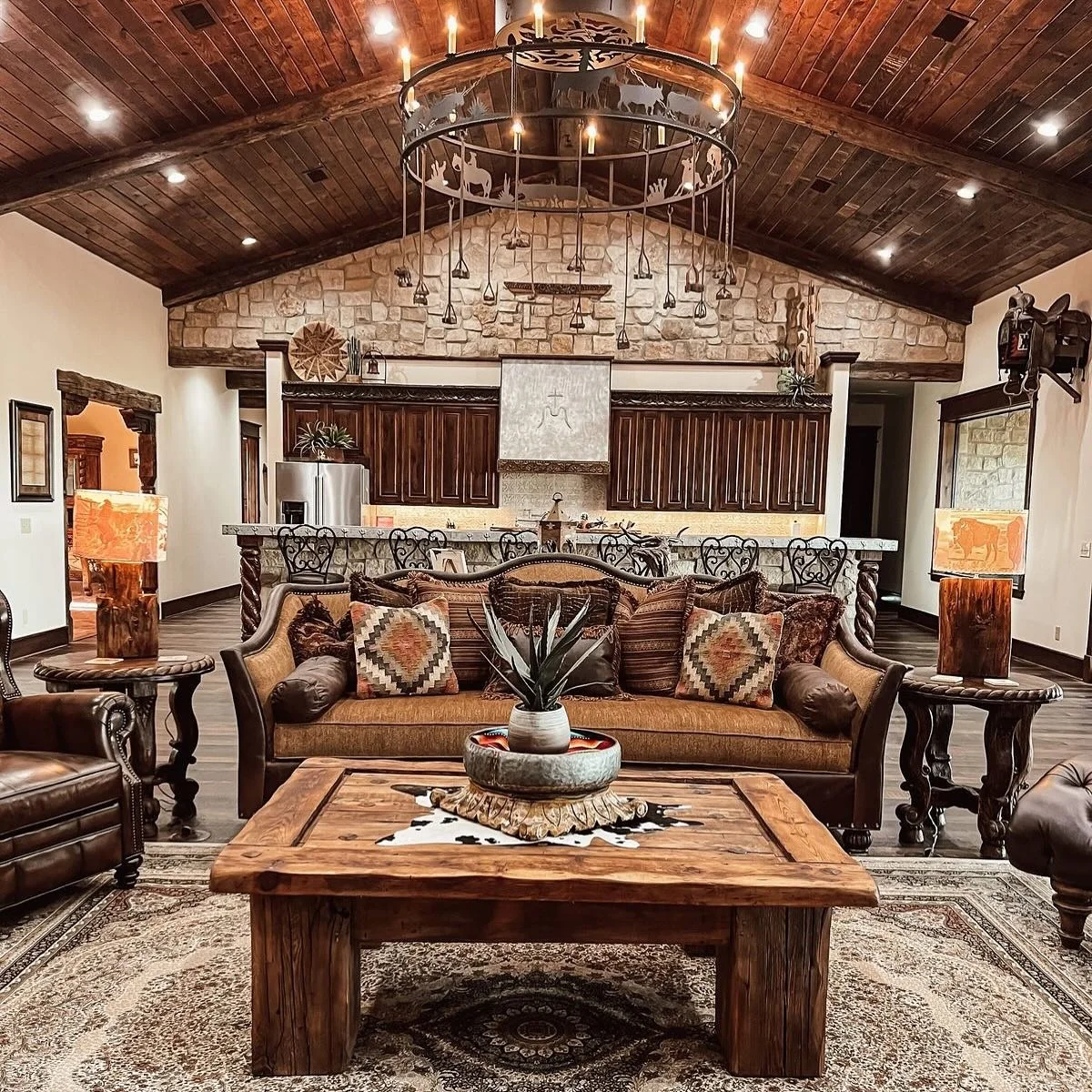 Rustic Log Coffee Table Anchors the Seating Area