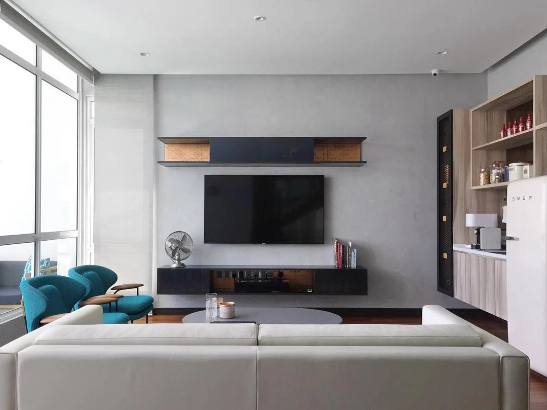 Floating Media Console with Geometric Inlay