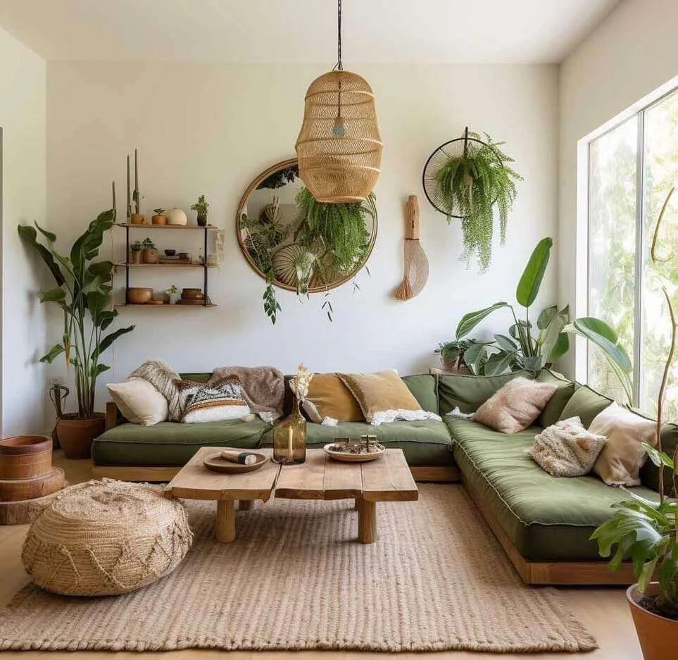 Round Mirror Reflects Hanging Plants and Pendant Light
