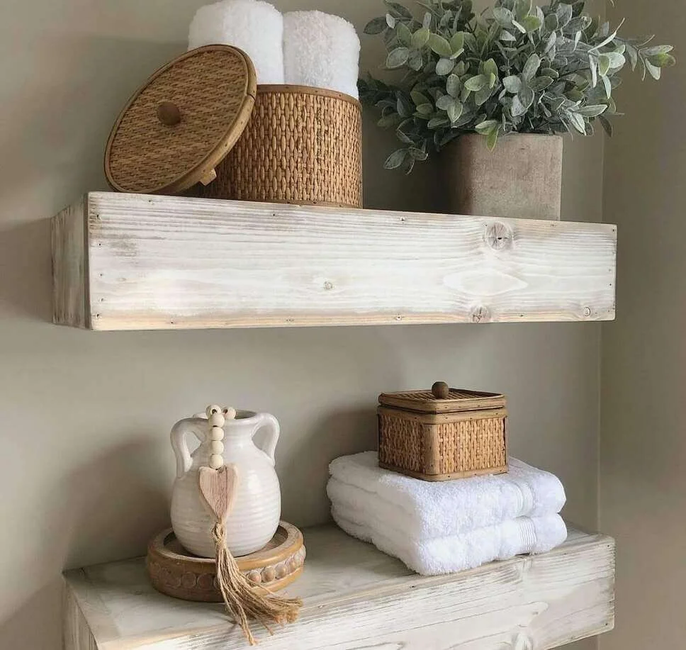 Soften Storage with White Washed Wood Shelves and Woven Baskets