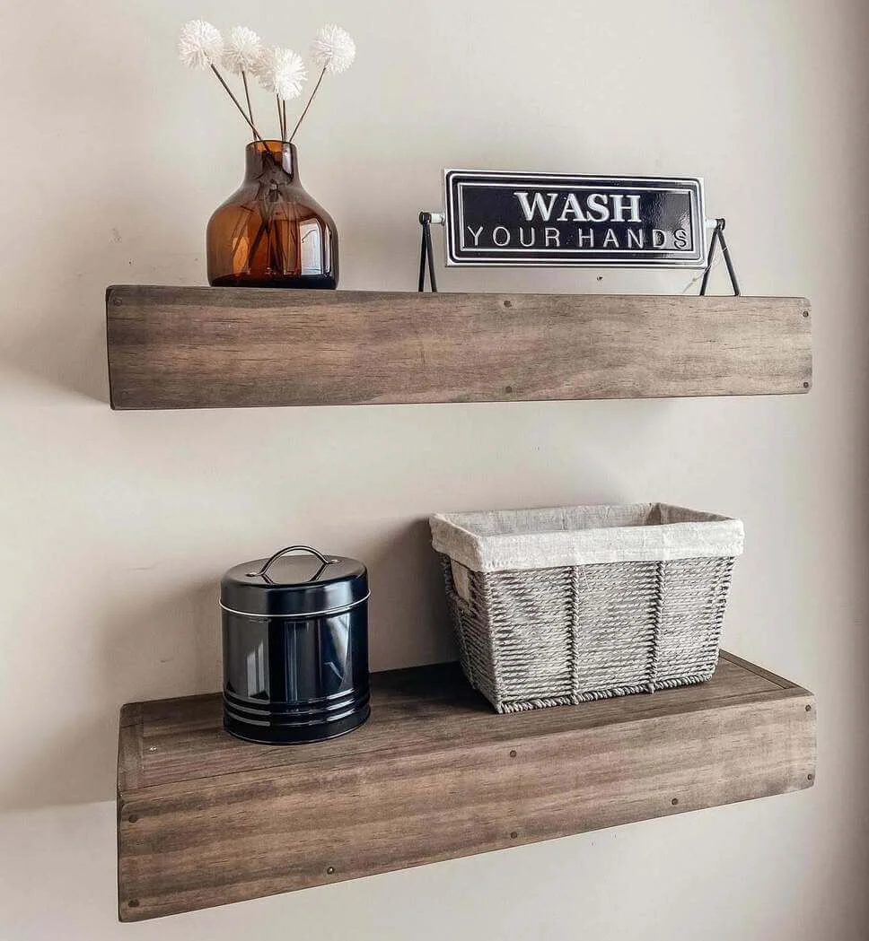 Rustic Wood Shelves Display Amber Vase and Metal Sign