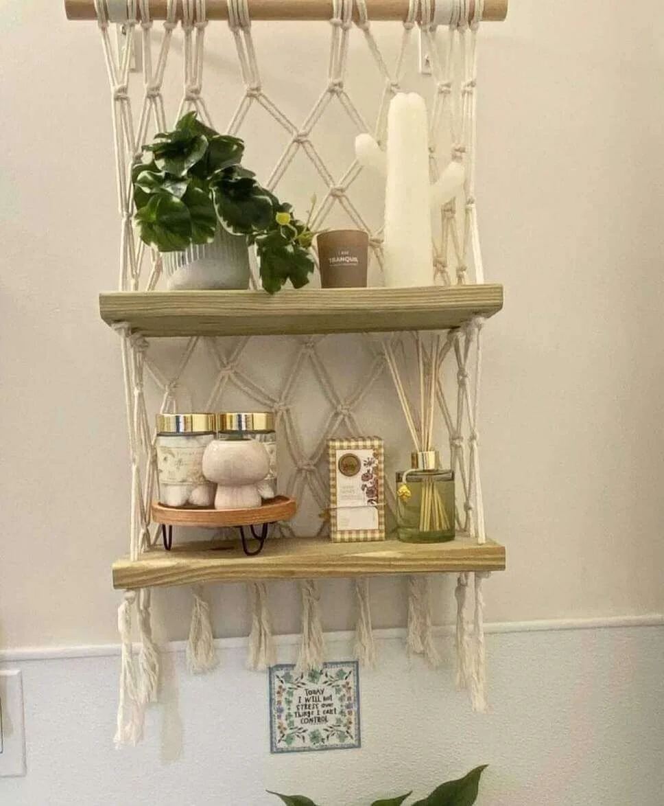 Macrame Hanger Supports Wooden Shelves for Boho Bathroom Style