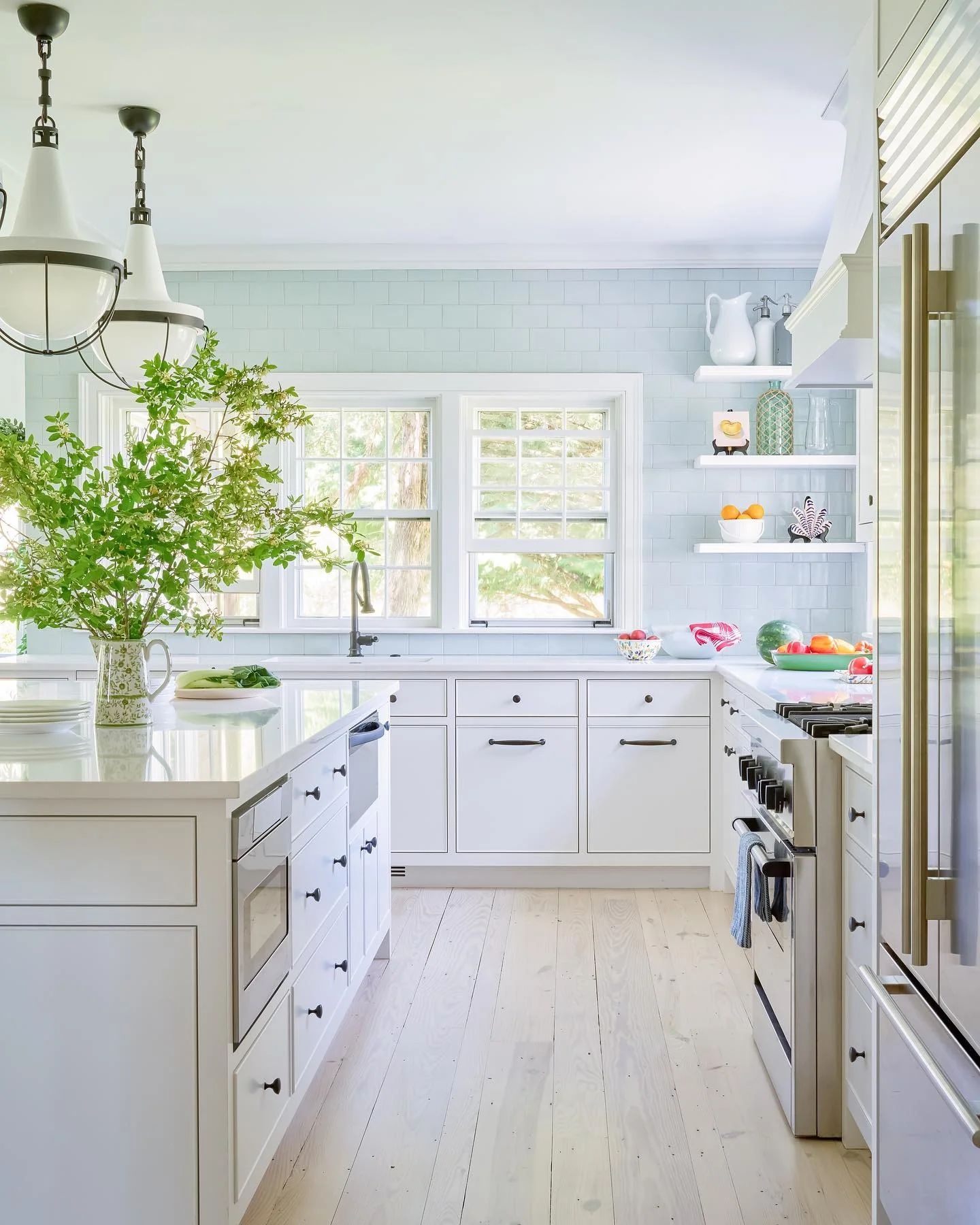 Pale Blue Subway Tile Backsplash Offers a Fresh Coastal Backdrop