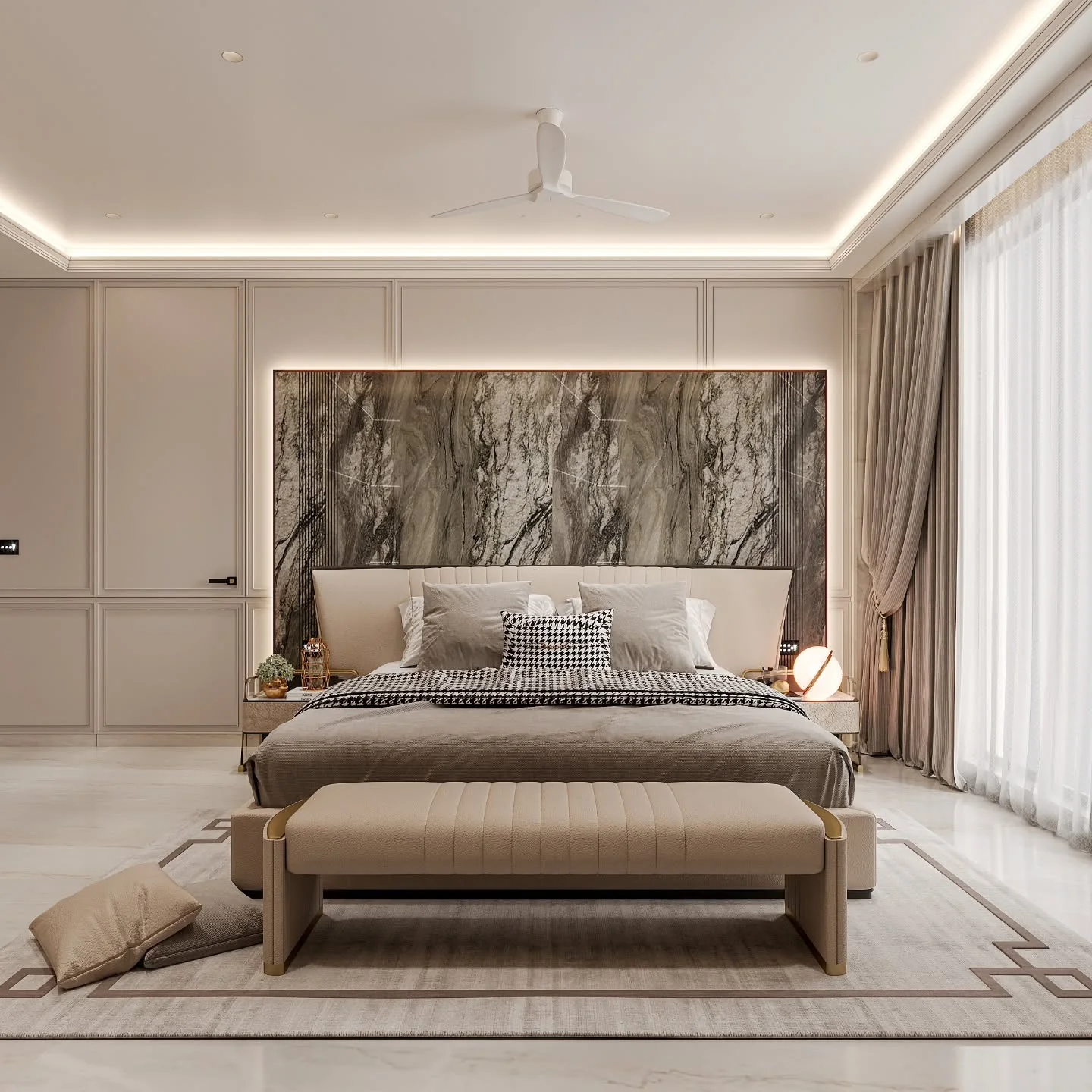 Textured Marble Panel Behind Bed Adds Dramatic Flair