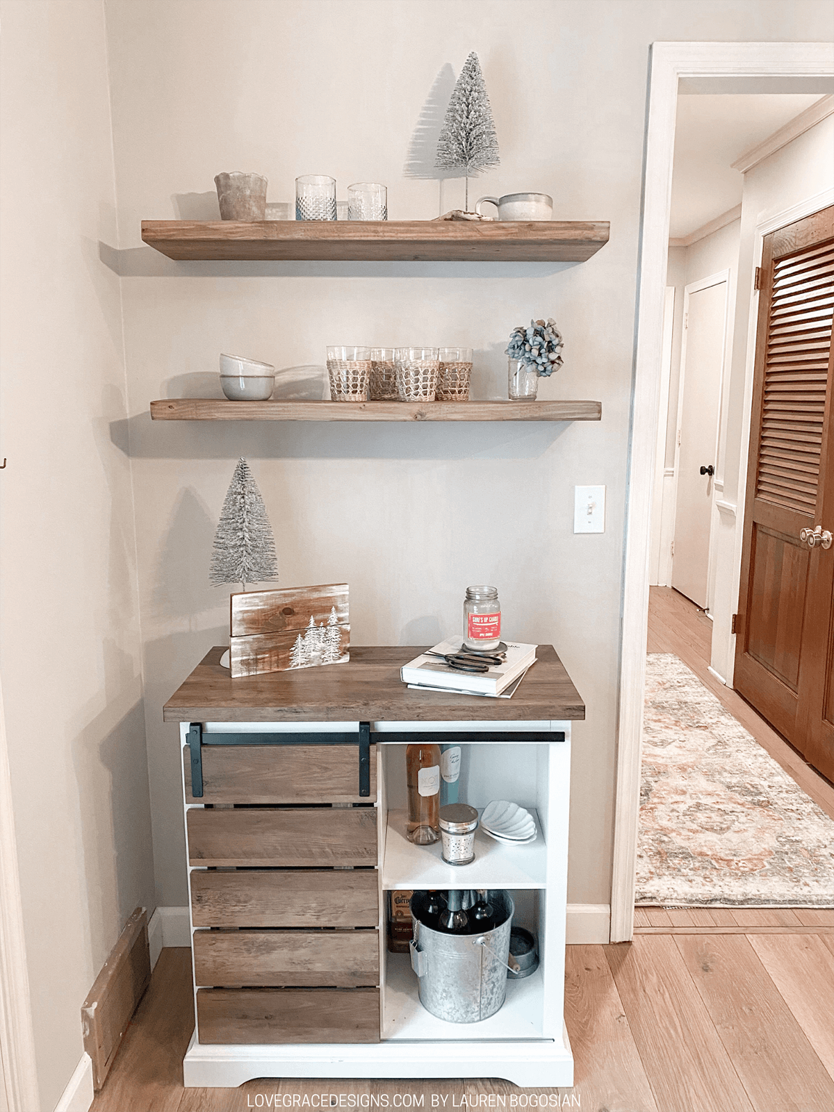 Wooden Shelves Pair With Rustic Cabinet for Cozy Display