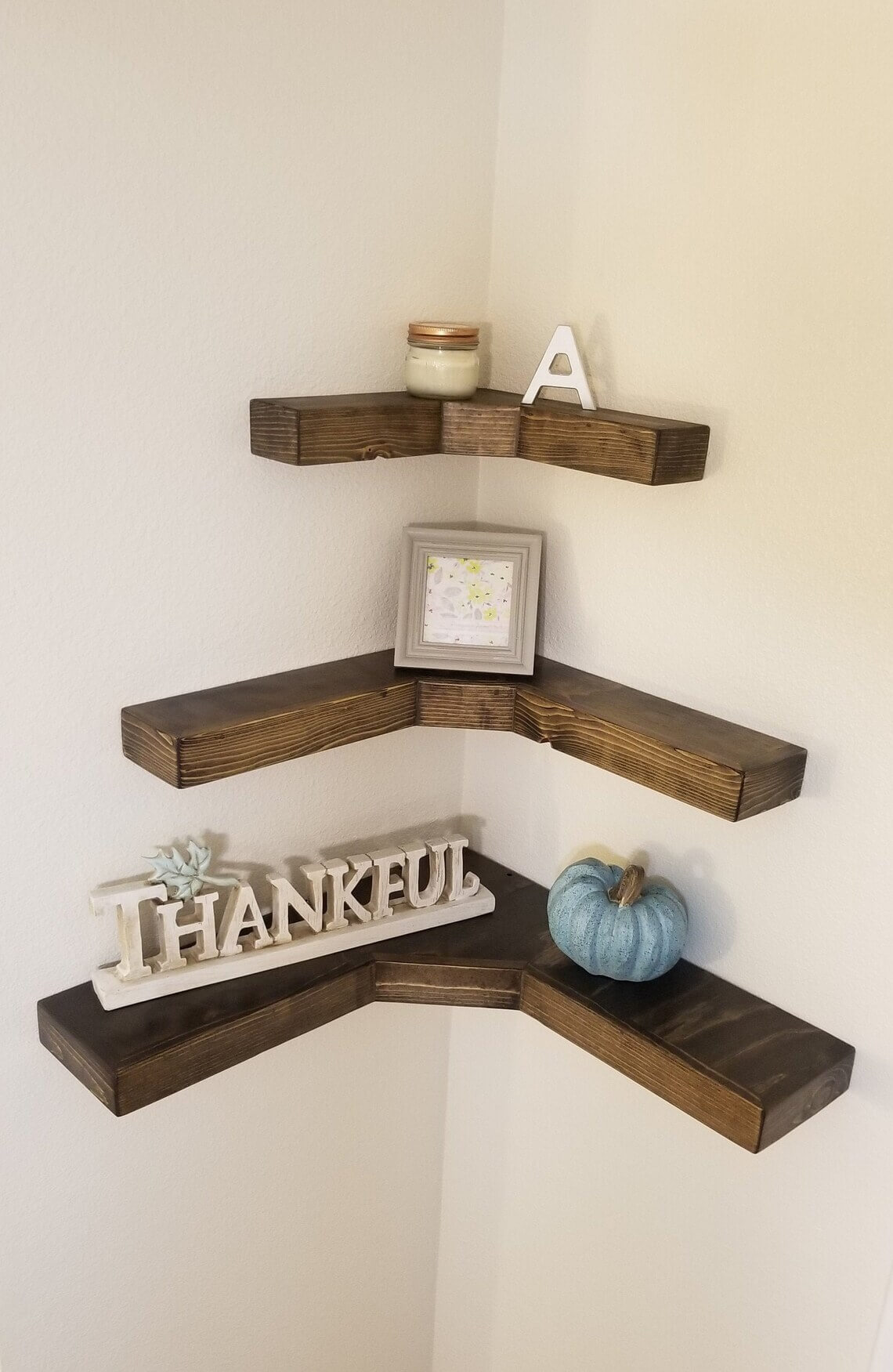 Dark Wood Corner Shelves Maximize Vertical Space