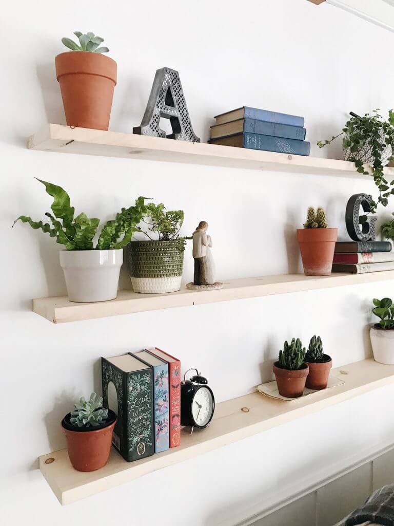 Layered Floating Shelves Display a Mix of Greenery and Books