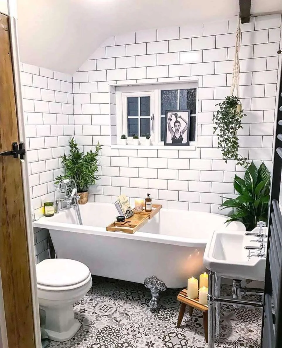 Hanging Plants Add Vertical Greenery Above the Tub