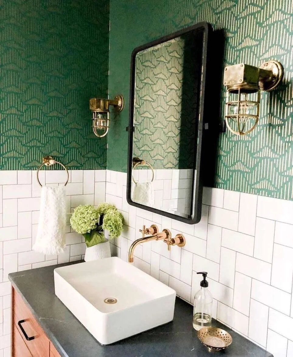 Green Geometric Wallpaper Adds Patterned Depth Above White Tile