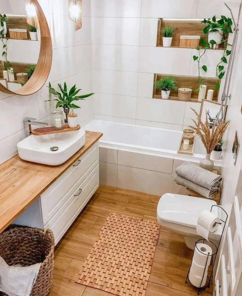 Recessed Niches Bring Greenery and Warmth Above the Tub