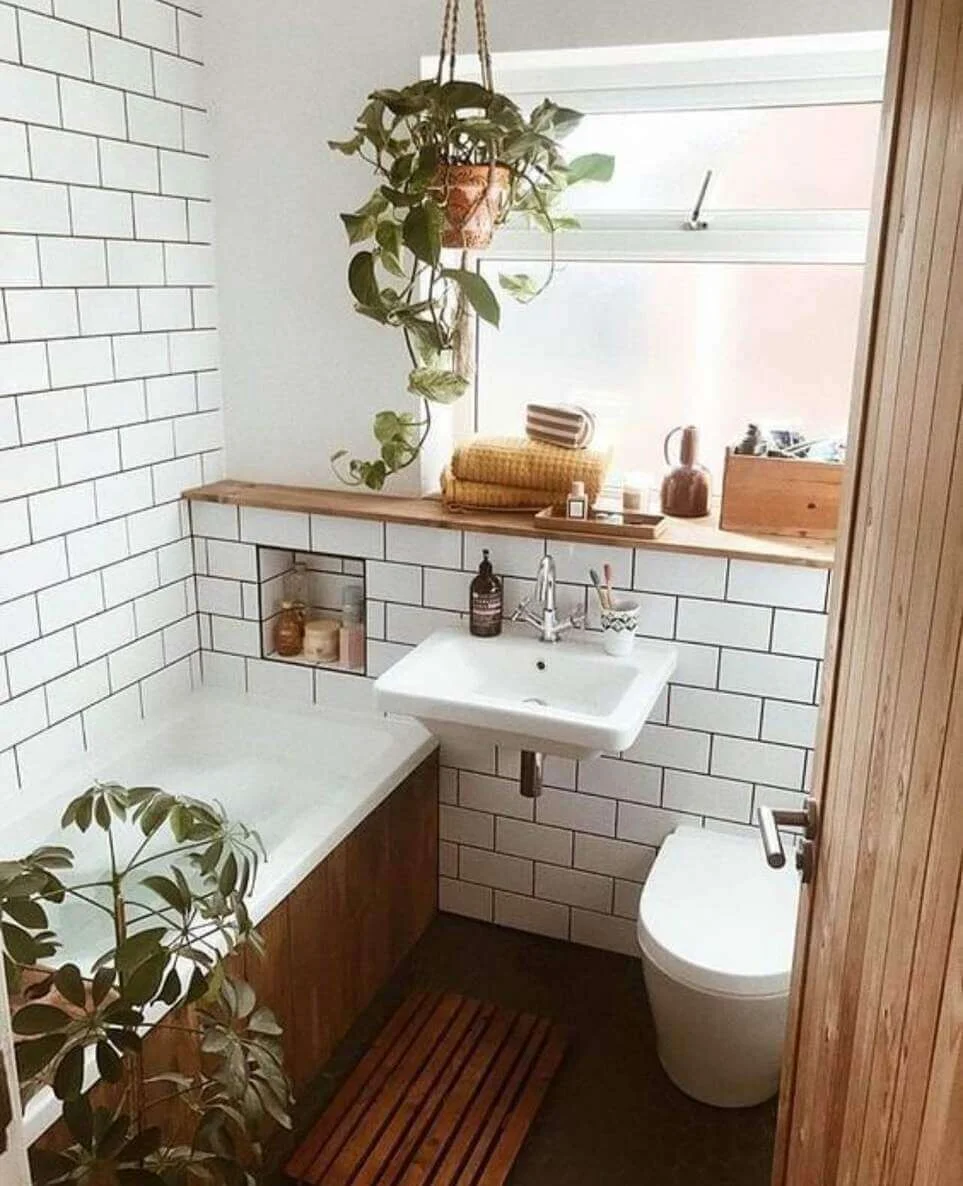 Soften White Tile with a Hanging Pothos Plant